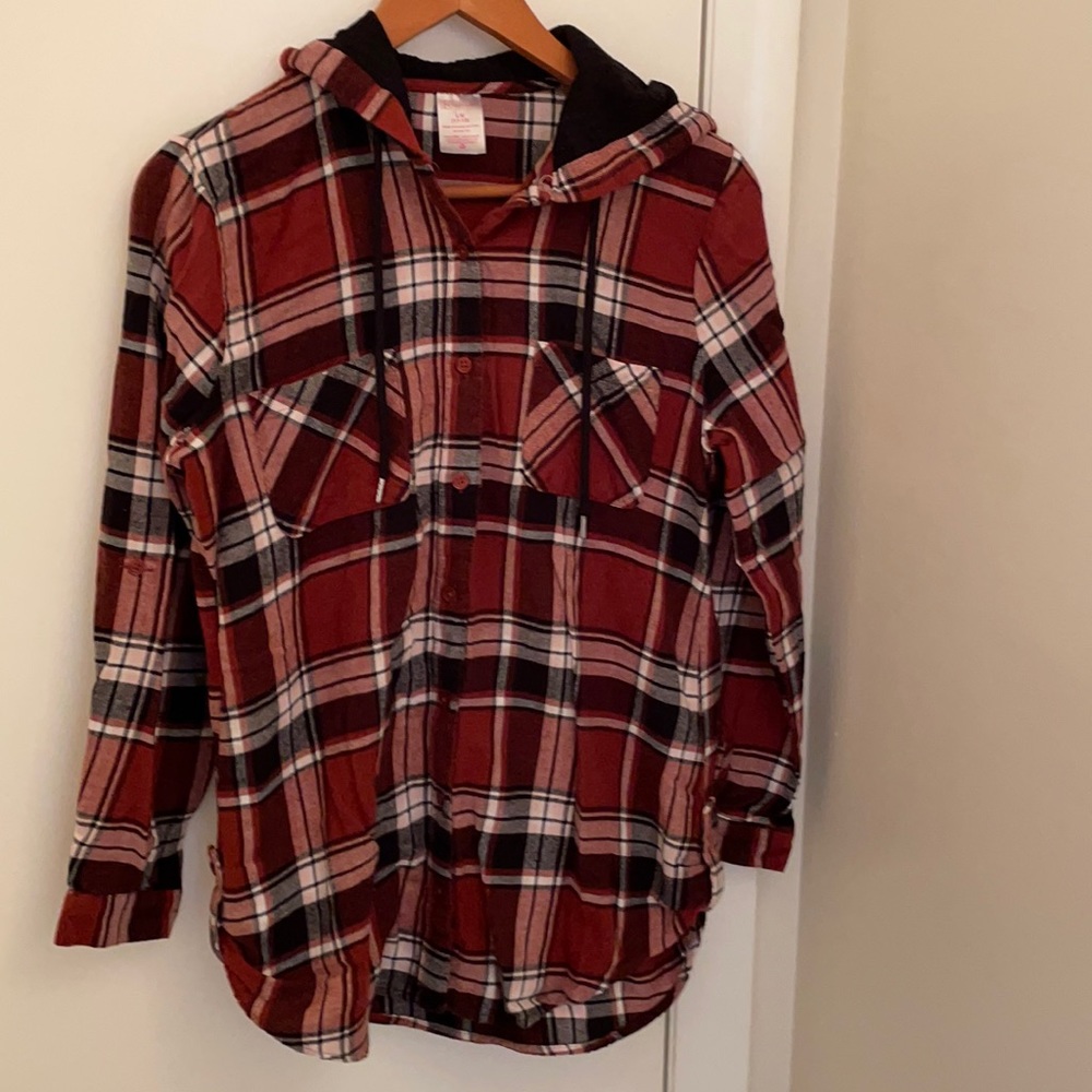 3 for $10!   Lightweight flannel hoodie, juniors size large.